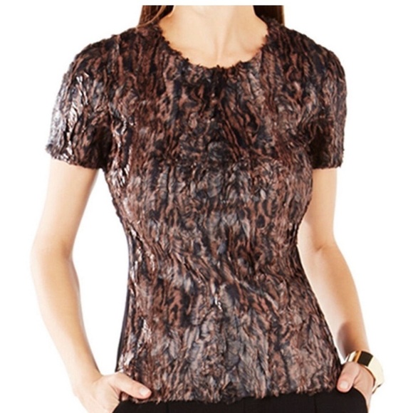 BcbgMaxAzria Tulum brown black faux fur short sleeve zipper back top size XS - Picture 1 of 9